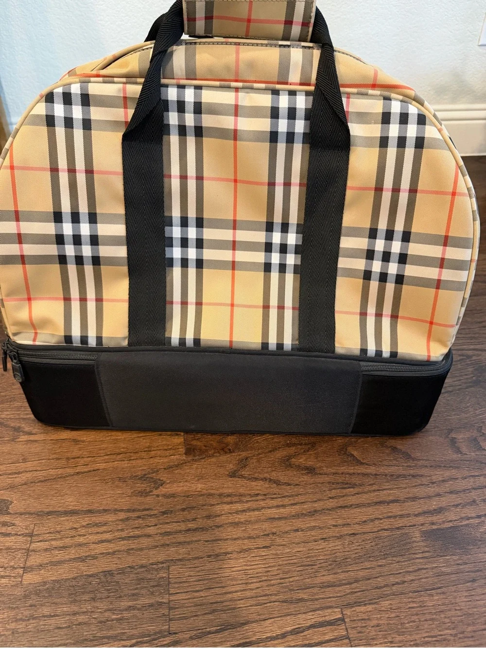 Burberry Beige Plaid Duffel with Black Base and Straps